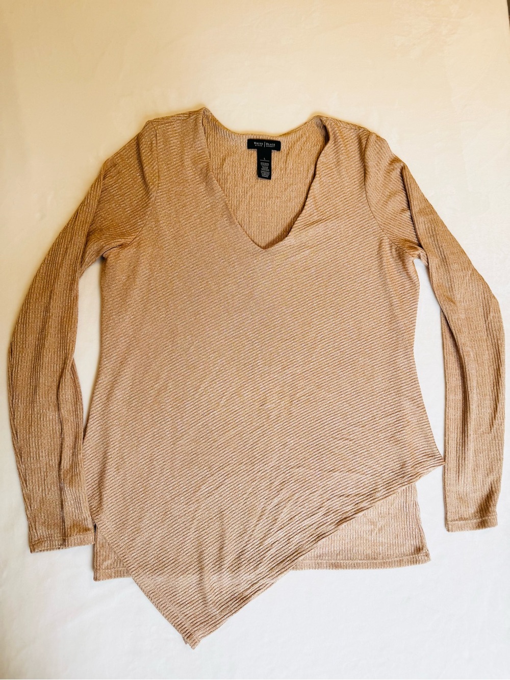 White House Black Market Caramel Ribbed Asymmetric Long Sleeve Top